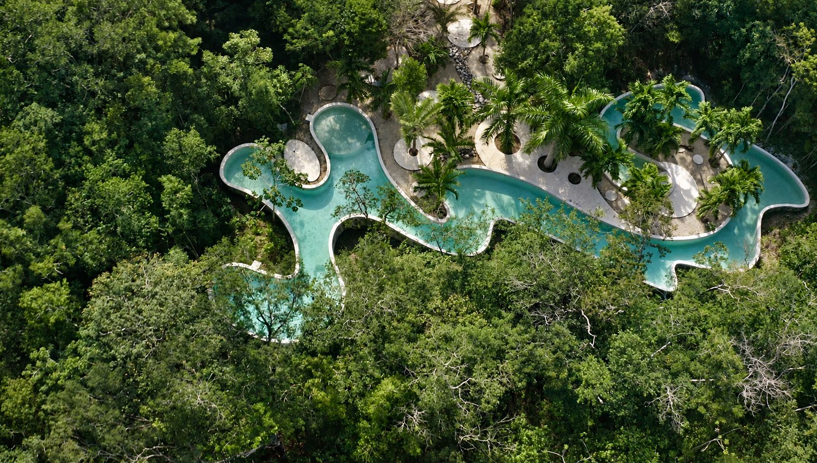 the curved turquoise pool surrounded by tropical jungle at OZEN